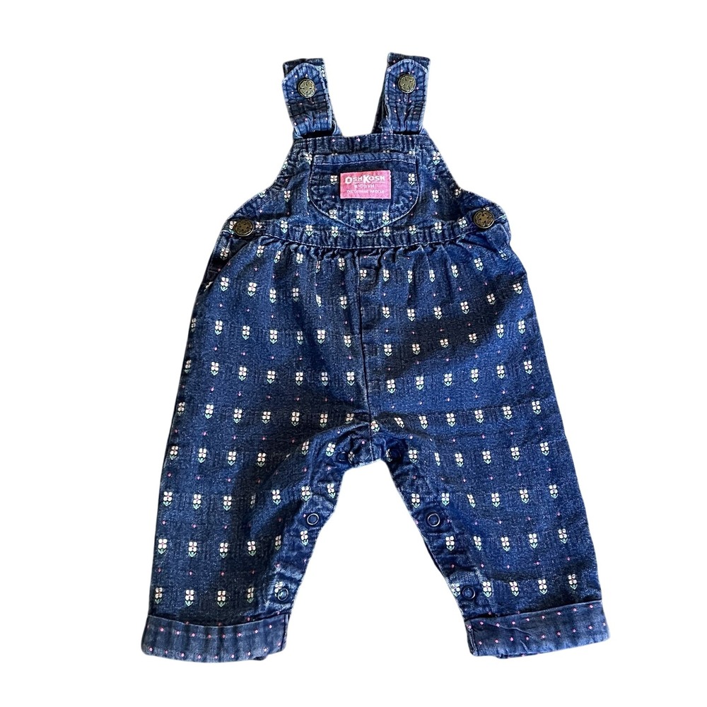 Vintage 80s OSHKOSH Toddler Girl 3M Blue Denim Flower Daisy Overalls‎